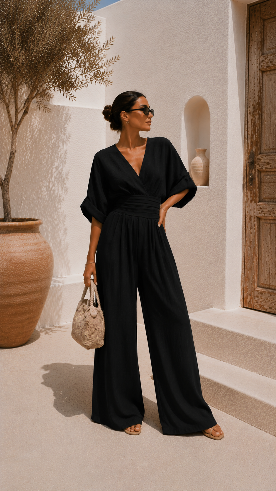 Robe longue noire en mousseline, décolleté en V, manches évasées, taille froncée