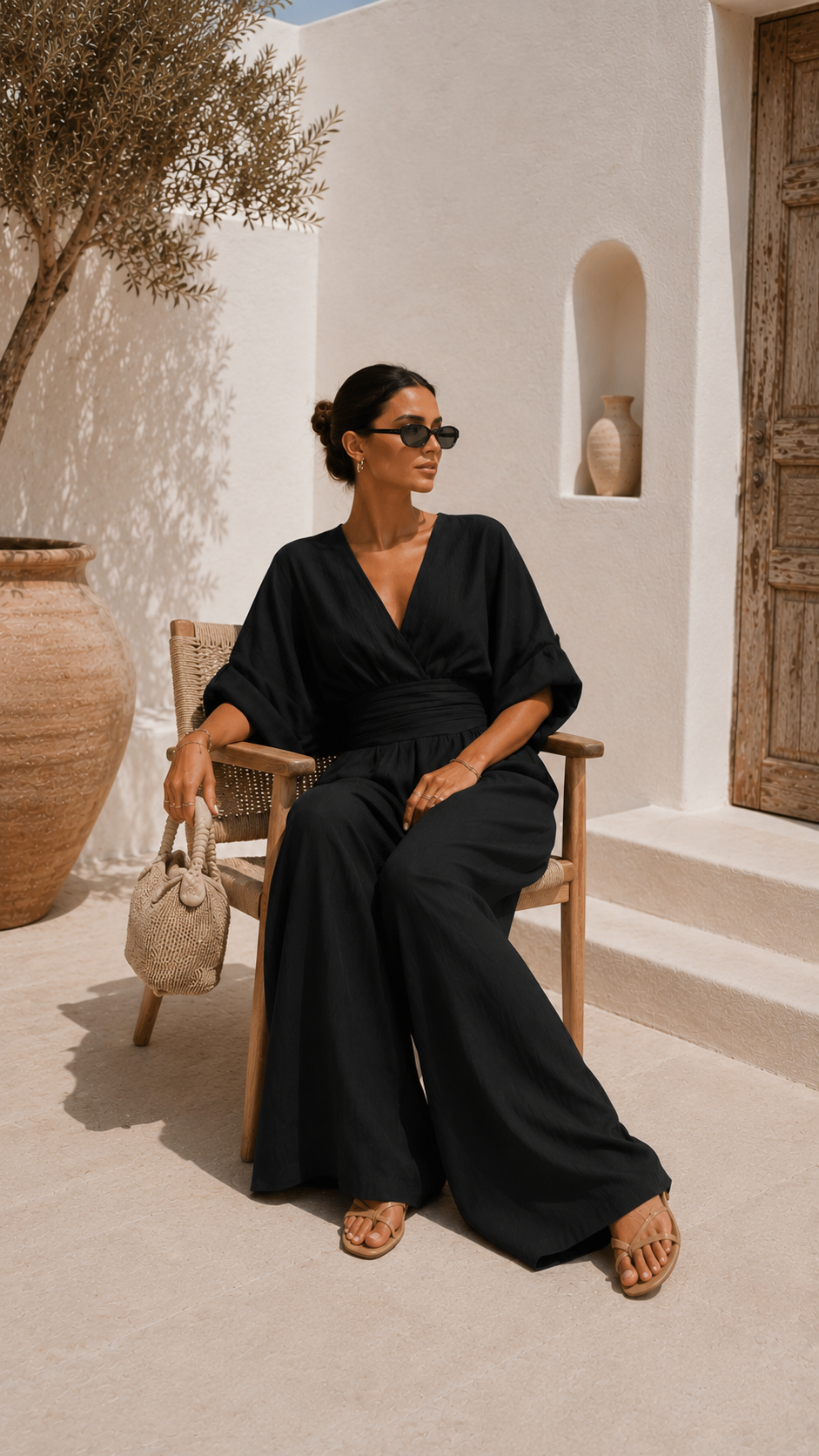 Robe longue en mousseline noire, décolleté en V, vue de trois-quarts, manches kimono.
