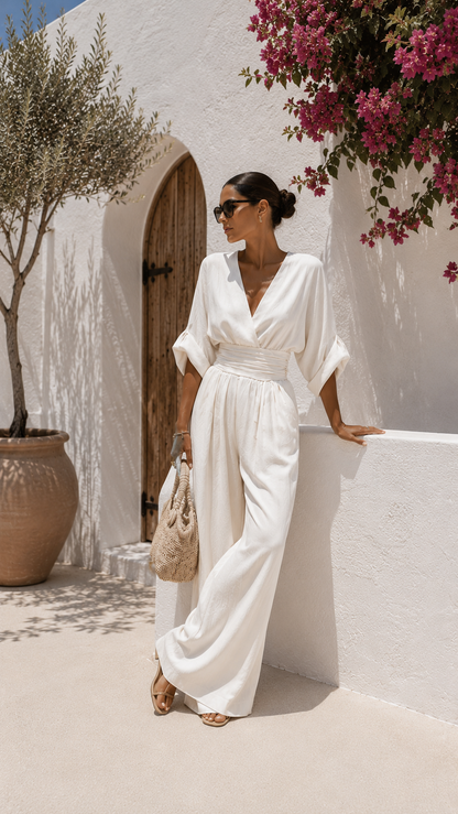 Robe longue en mousseline blanche, décolleté en V, manches évasées, taille nouée.