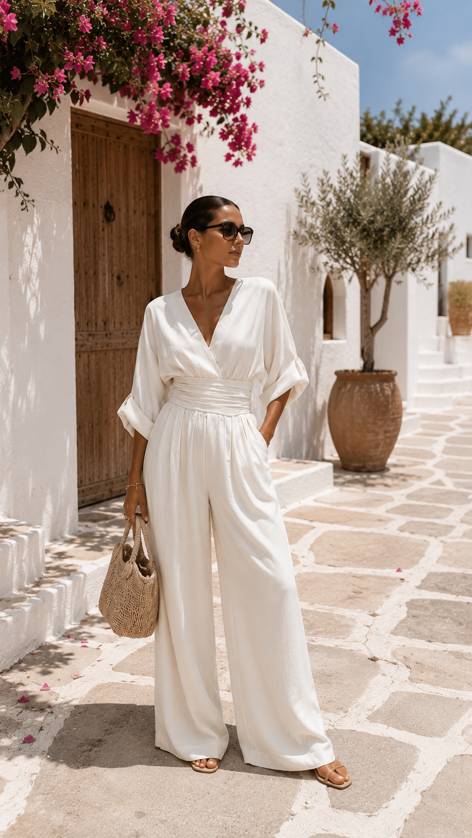 Robe longue en mousseline blanche, décolleté en V, manches amples, ceinture froncée.