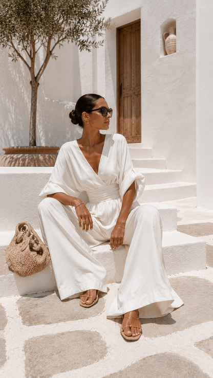 Robe longue blanche en mousseline, décolleté en V, manches évasées, taille froncée