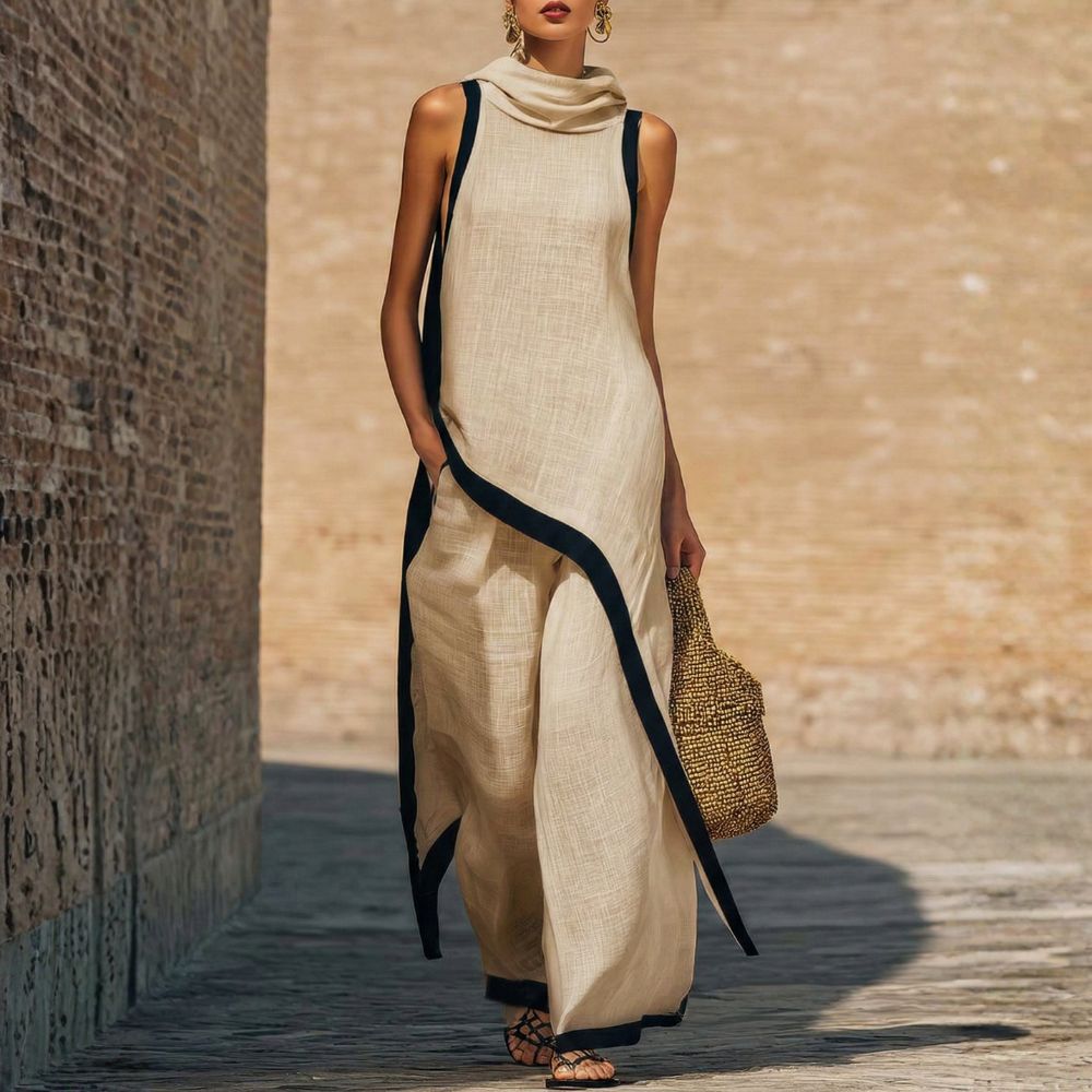 Robe longue en lin beige clair sans manches, col drapé, bordures contrastées bleu nuit.