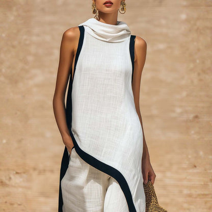 Robe longue en lin blanche sans manches, col drapé, bordures contrastées bleu nuit.