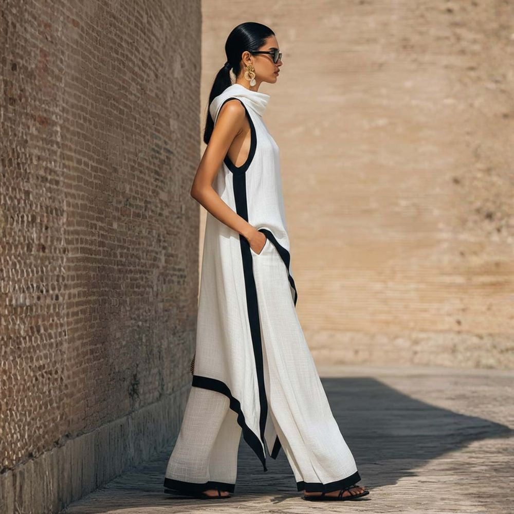 Robe longue en lin blanche sans manches, col drapé, fente latérale et bordures bleu nuit.