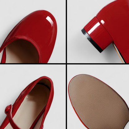 Détails ballerines rétro Roxane™ rouges : vernis brillant, semelle texturée.