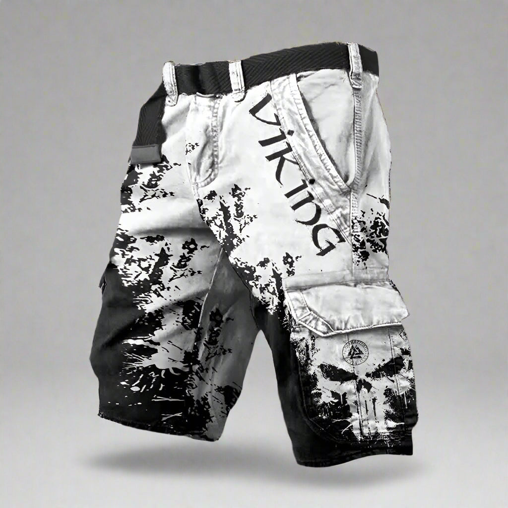 Short cargo viking noir et blanc à poches cargo, ceinture élastique, style décontracté