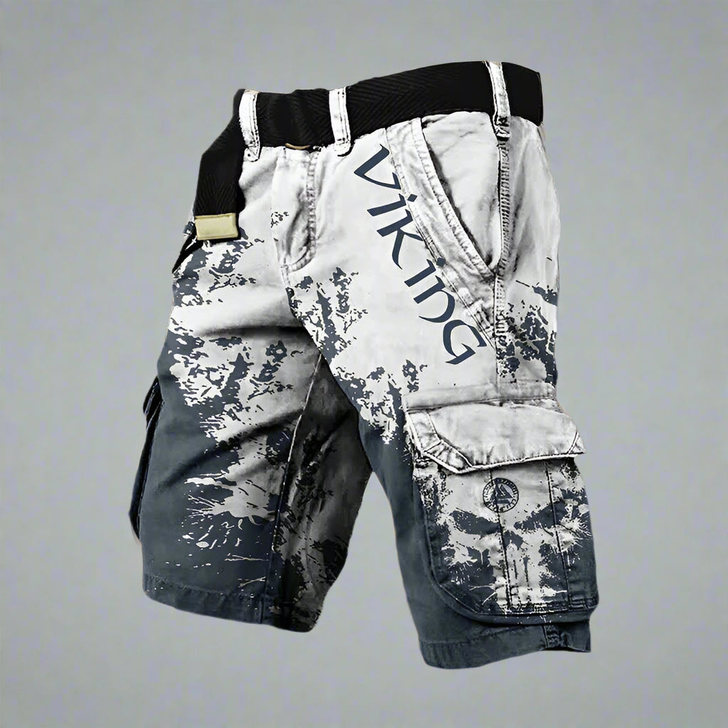 Short cargo viking noir et blanc, poches latérales et rabats, ceinture élastique