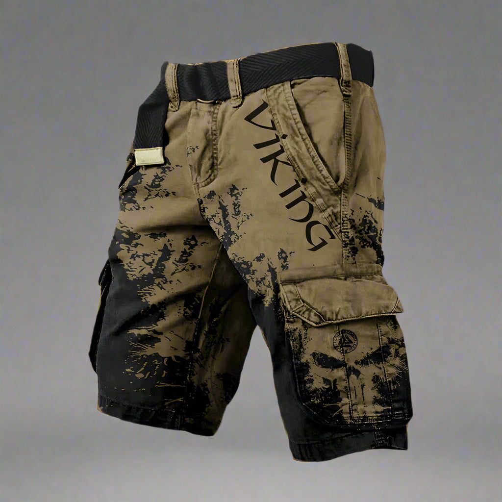 Short cargo viking kaki et noir, poches cargo à rabats, ceinture élastique