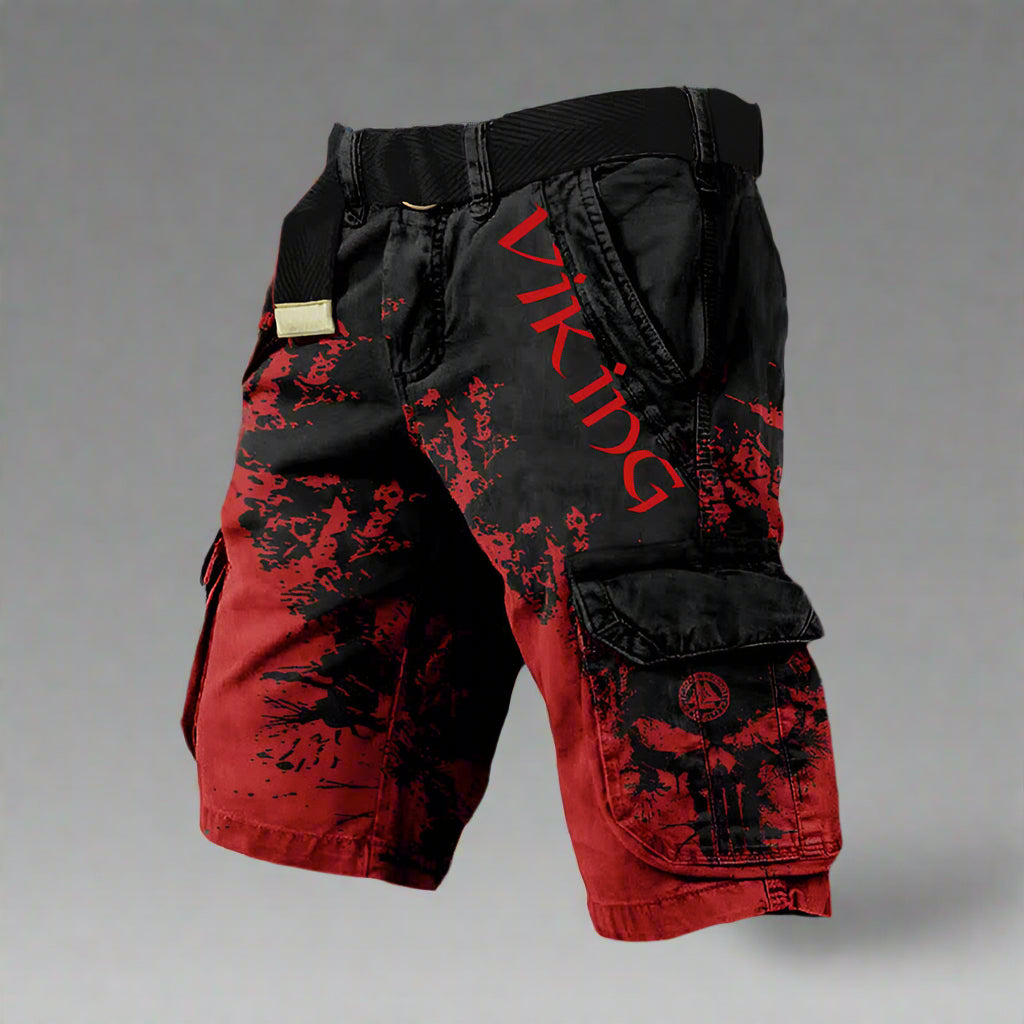 Short cargo viking noir et rouge, poches cargo à rabats, ceinture élastique
