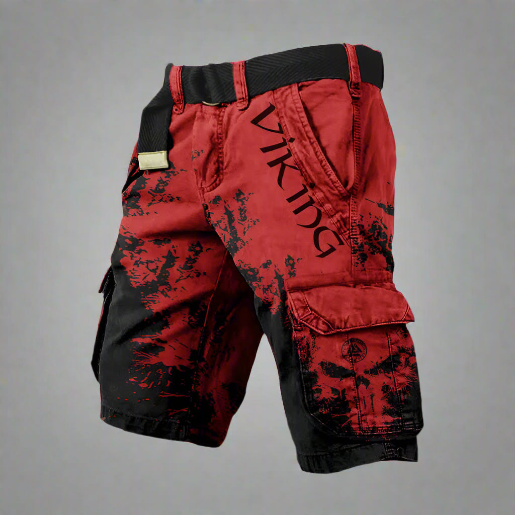 Short cargo viking rouge et noir, poches cargo à rabats, ceinture élastique