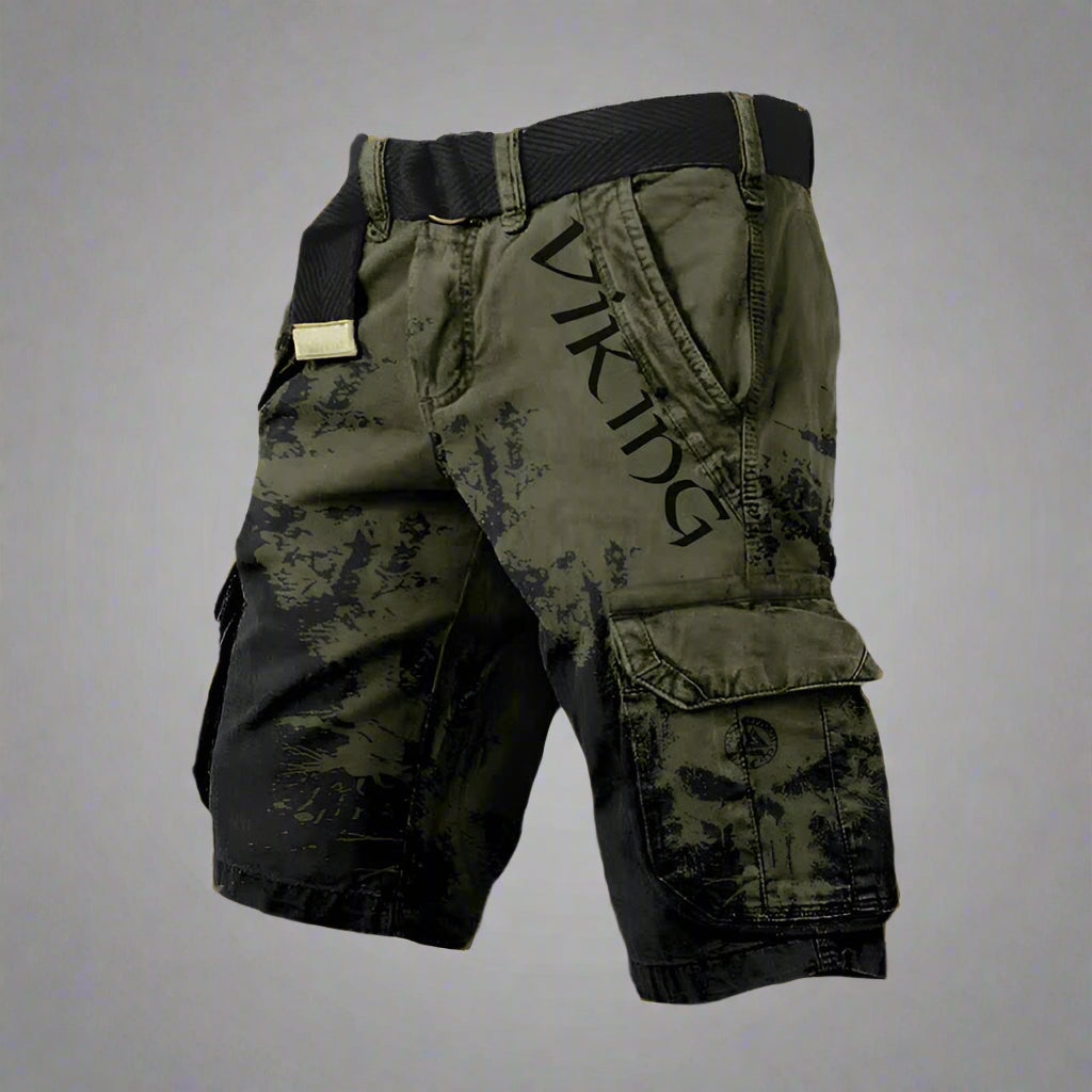 Short cargo viking vert et noir, poches cargo à rabats, ceinture élastique
