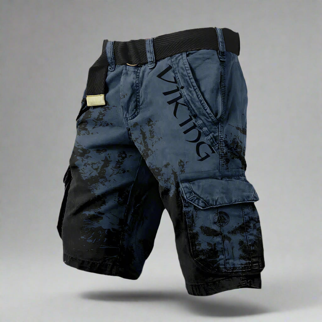 Short cargo viking bleu et noir, poches cargo à rabats, ceinture élastique