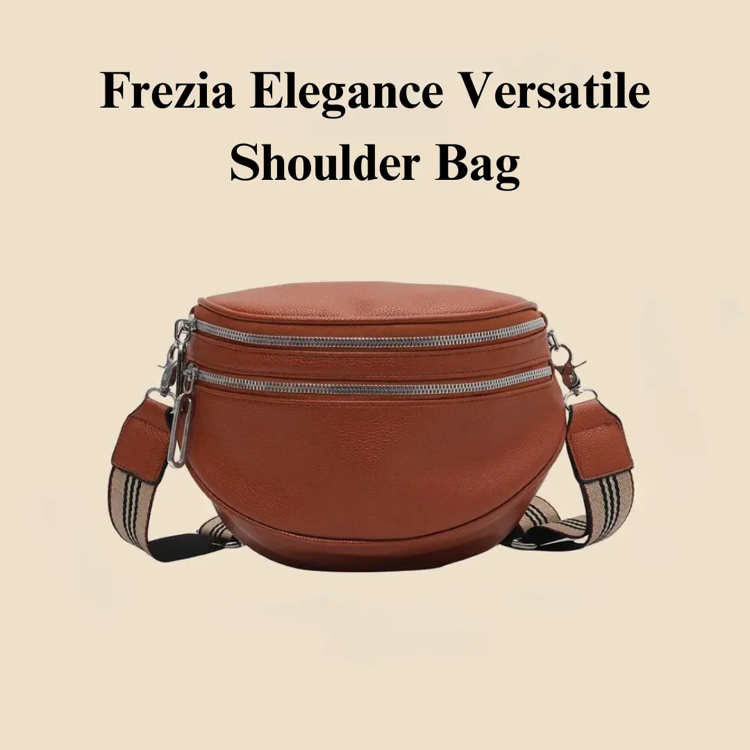 Sac à bandoulière Mira marron, forme arrondie, double zip et sangle rayée.