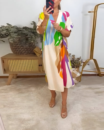 Robe décontractée mi-longue ample, col V, motif abstrait multicolore sur fond clair