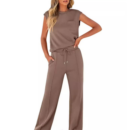 Ensemble décontracté marron clair : haut sans manches et pantalon ample à cordon