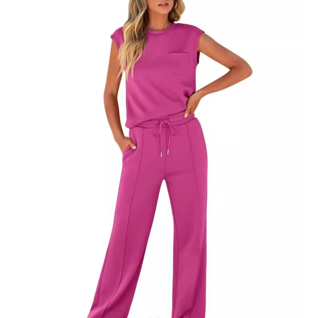 Ensemble décontracté rose fuchsia : haut sans manches et pantalon fluide à cordon