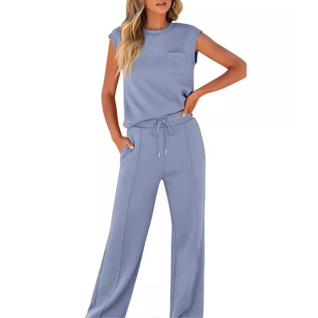 Ensemble décontracté bleu clair : haut sans manches à poche et pantalon ample à cordon