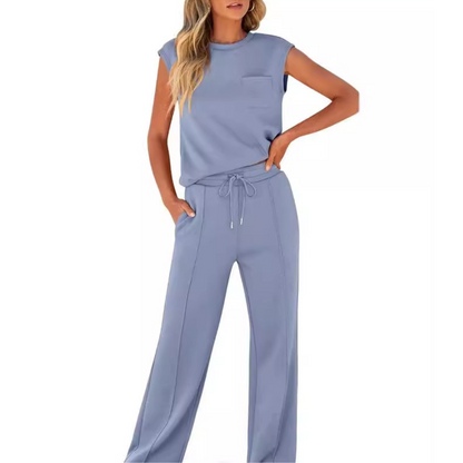 Ensemble décontracté bleu clair : haut sans manches à poche et pantalon ample à cordon