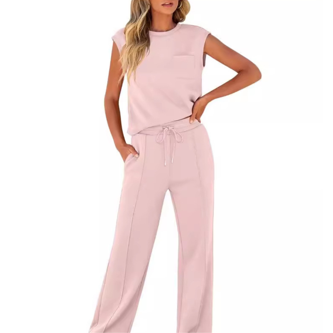 Ensemble décontracté rose pâle : haut sans manches et pantalon fluide à cordon