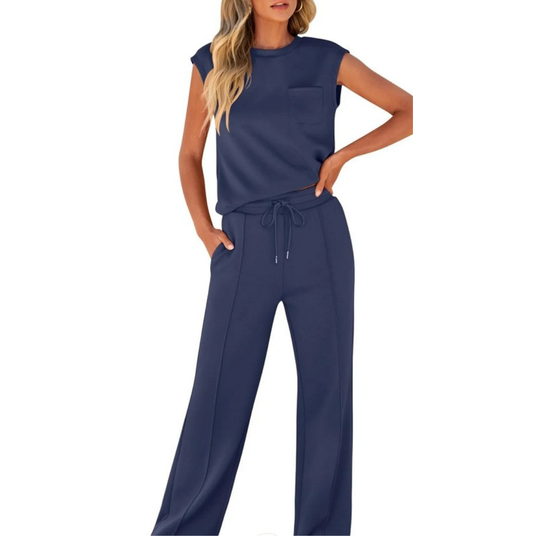 Ensemble décontracté bleu marine : haut sans manches à poche et pantalon ample à cordon