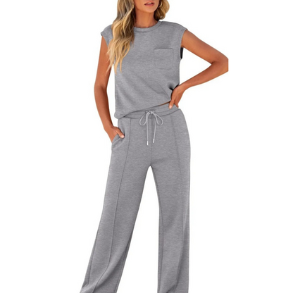 Ensemble décontracté gris : haut sans manches et pantalon large à cordon