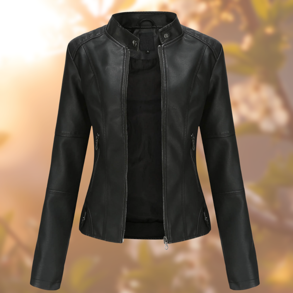 Veste en cuir noire à fermeture zippée, col montant, poches zippées et manches longues