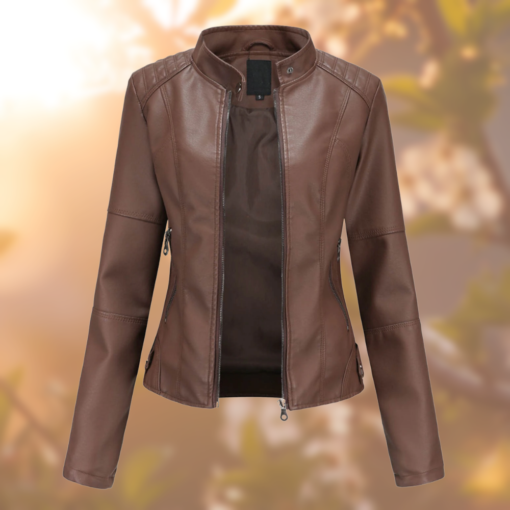 Veste en cuir marron foncé à fermeture zippée, col montant, poches zippées et manches longues