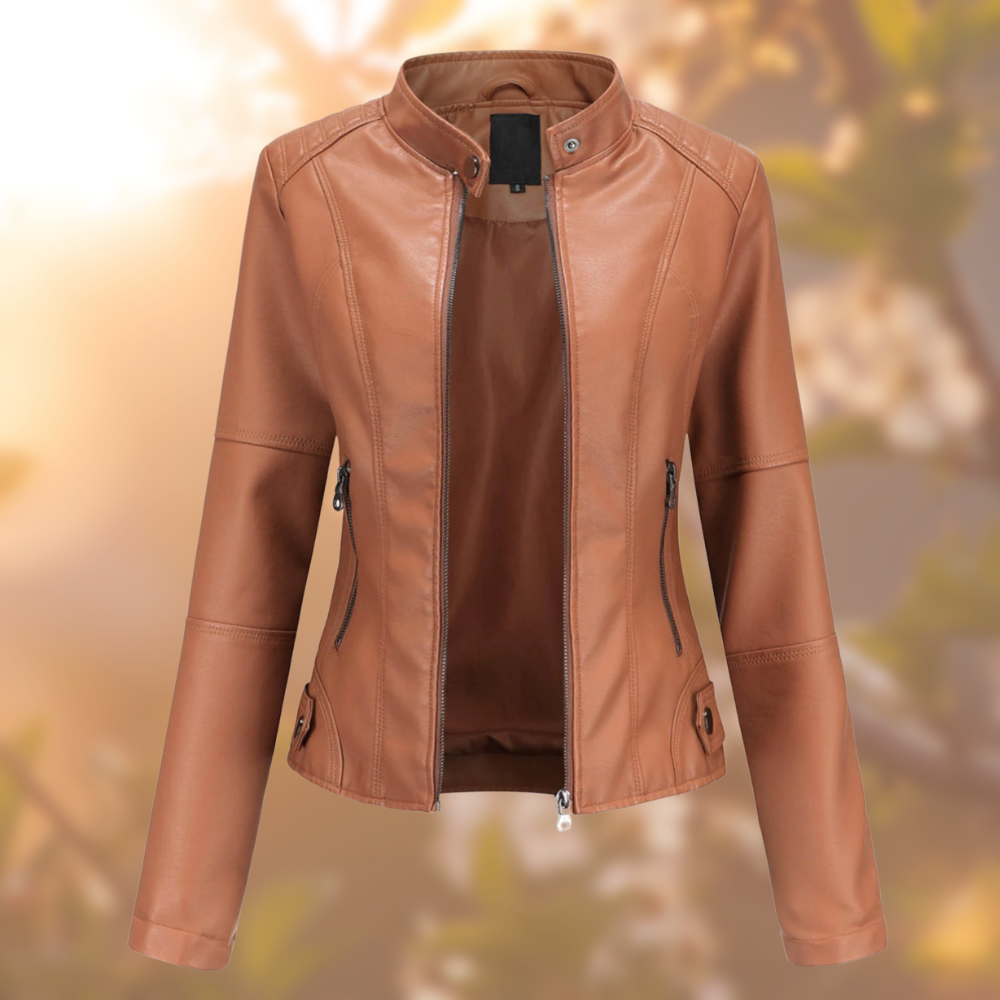 Veste en cuir marron clair à fermeture zippée, col montant, poches zippées et manches longues