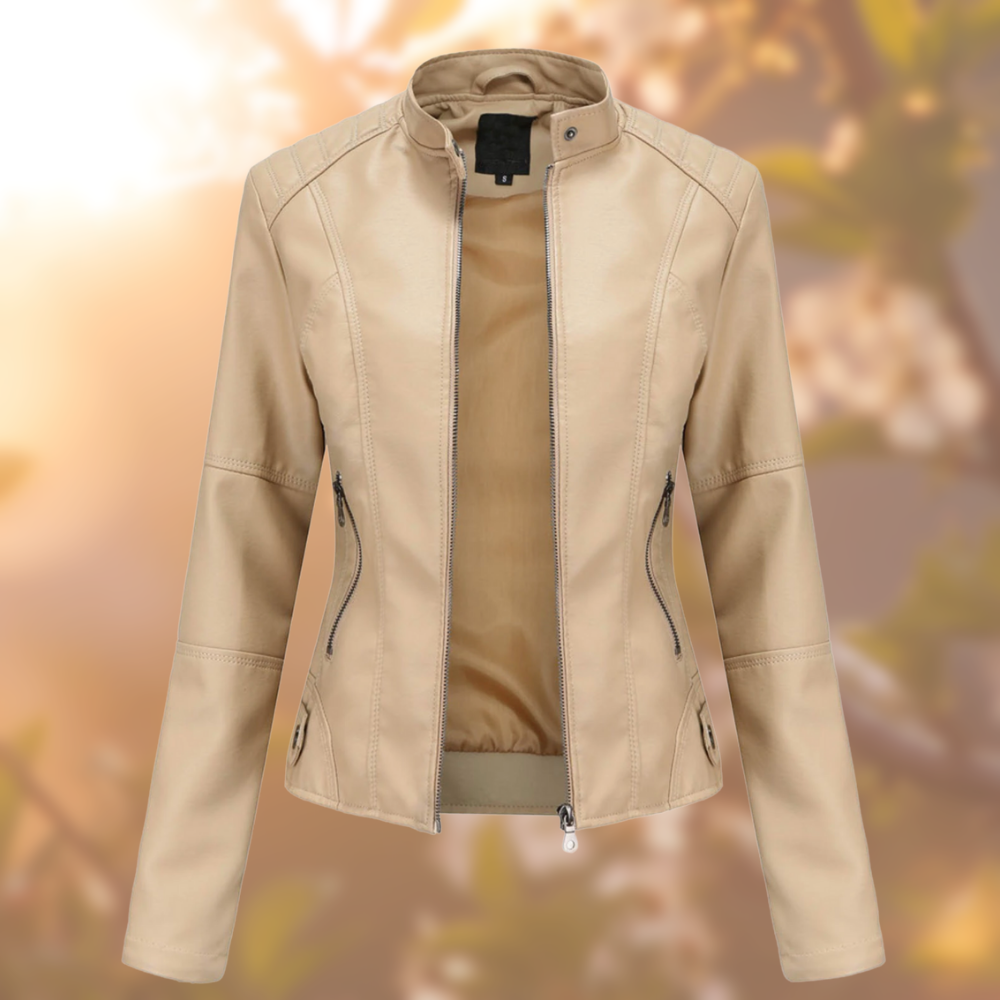 Veste en cuir beige clair à fermeture zippée, col montant, poches zippées et manches longues