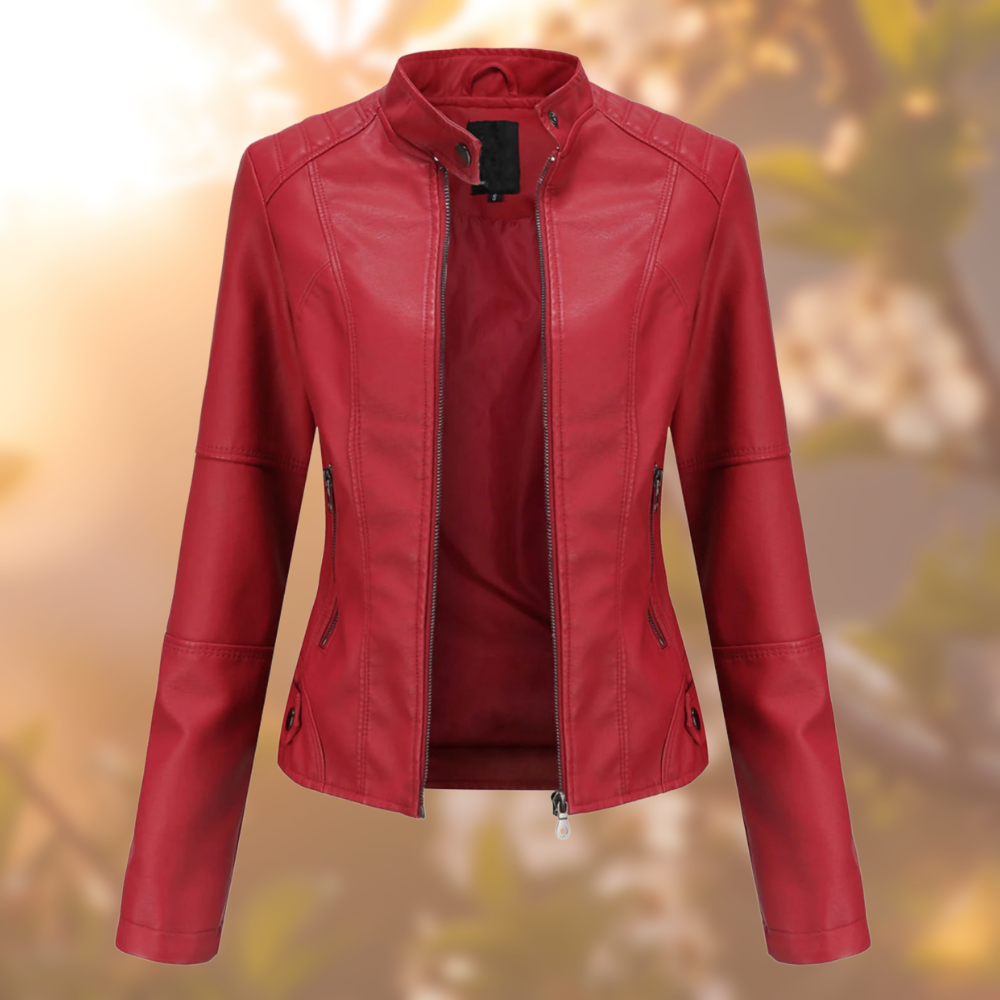 Veste en cuir rouge à fermeture zippée, col montant, poches zippées et manches longues