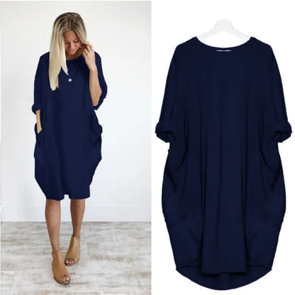 Robe décontractée légère bleu marine, manches chauve-souris, poches latérales