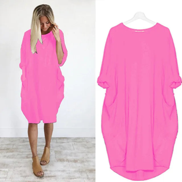 Robe décontractée légère rose vif, manches chauve-souris, poches latérales