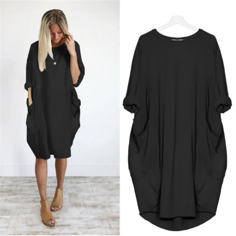 Robe décontractée légère noire, manches chauve-souris, poches latérales