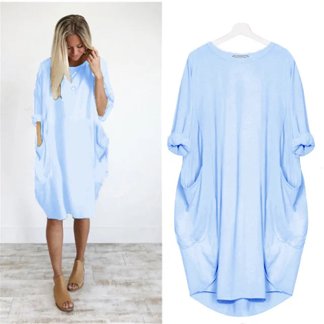 Robe décontractée légère bleu clair, manches chauve-souris, poches latérales