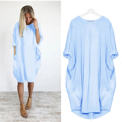 Robe décontractée légère bleu clair, manches chauve-souris, poches latérales