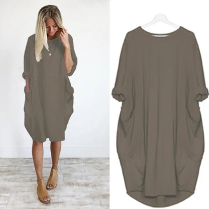 Robe décontractée légère marron/grège, manches chauve-souris, poches latérales