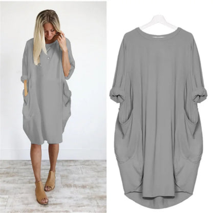 Robe décontractée légère gris, manches chauve-souris, poches latérales