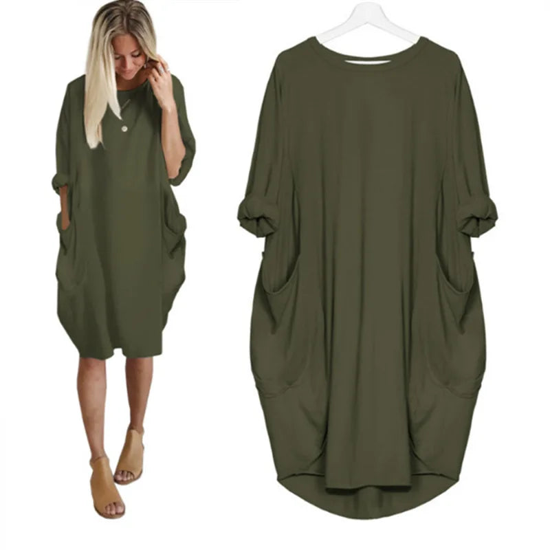 Robe décontractée légère vert olive, manches chauve-souris, poches latérales