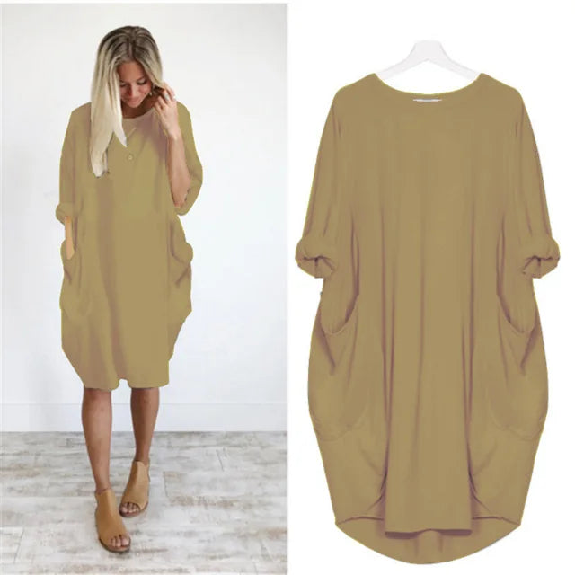 Robe décontractée légère beige, manches chauve-souris, poches latérales