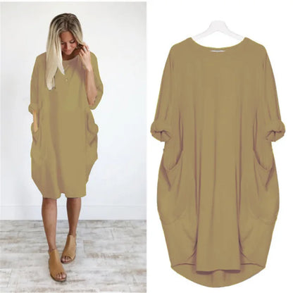 Robe décontractée légère beige, manches chauve-souris, poches latérales