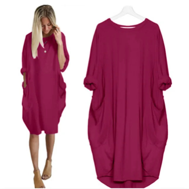 Robe décontractée légère fuchsia foncé, manches chauve-souris, poches latérales