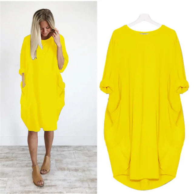 Robe décontractée légère jaune, encolure ronde, manches chauve-souris, ample.