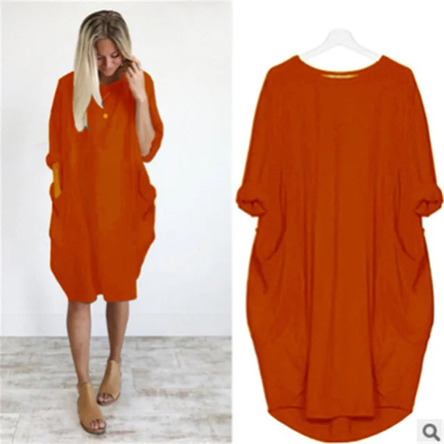 Robe décontractée légère orange, encolure ronde, manches chauve-souris, ample.