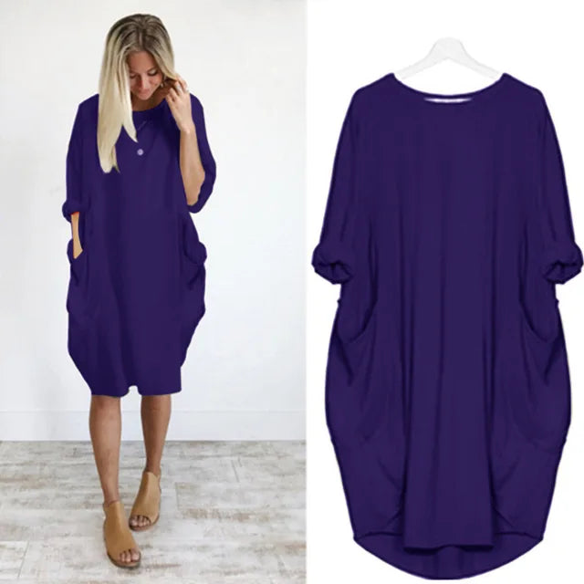 Robe décontractée légère violette, encolure ronde, manches chauve-souris, ample.