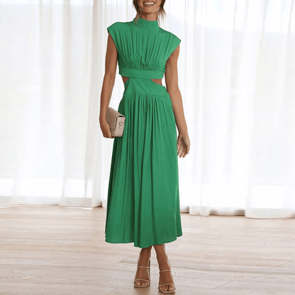Robe longue verte à manches courtes, haut froncé et jupe ample