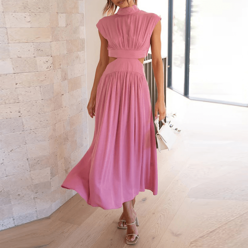 Robe longue rose mauve à manches courtes, taille froncée et jupe fluide évasée