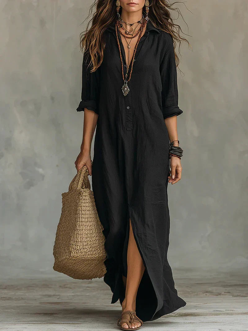 Robe maxi ample noire à boutons, longue et fluide, col boutonné