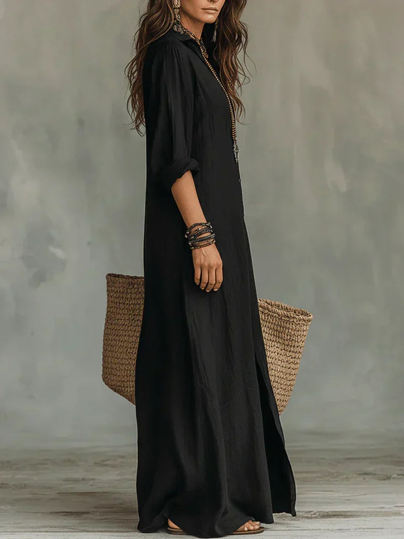 Robe maxi ample noire à boutons, encolure courte et fente sur la jambe