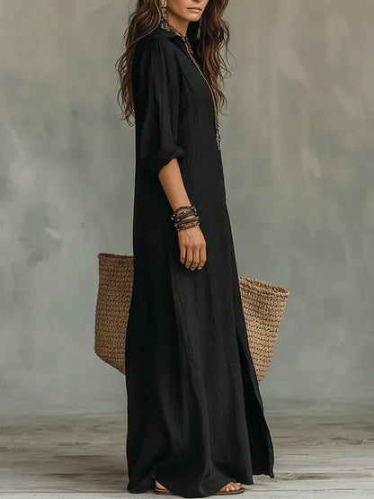 Robe maxi ample noire à boutons, encolure courte et fente sur la jambe