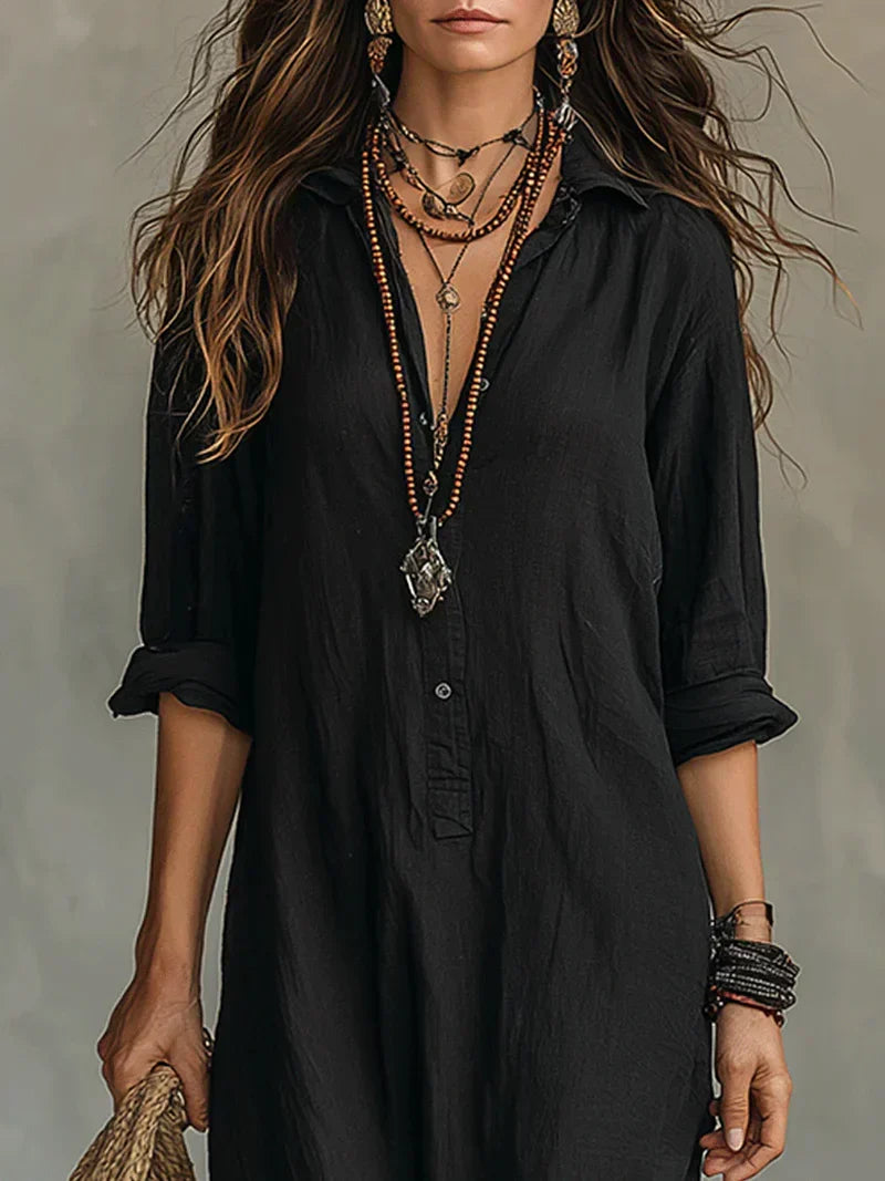 Robe maxi ample noire à boutons, encolure boutonnée et manches retroussées
